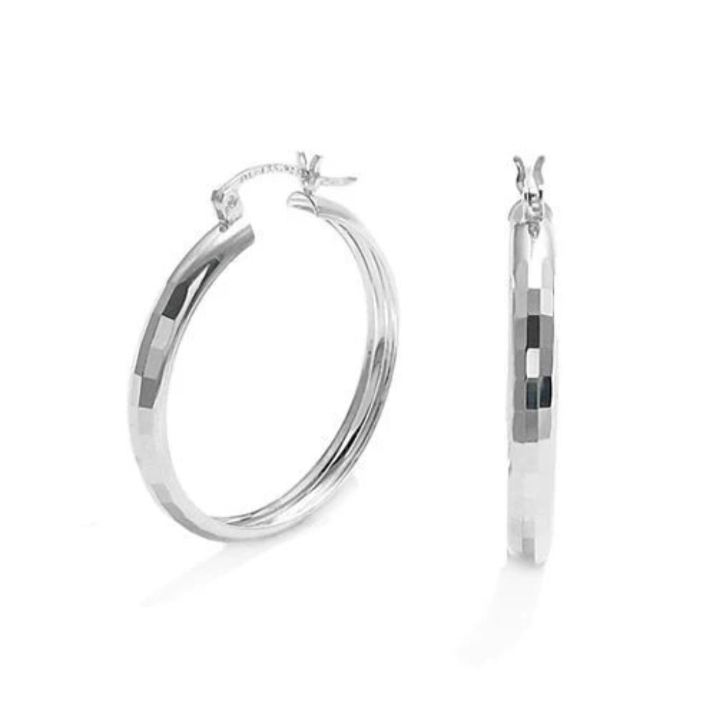 Sterling Silver Rectangle Faceted Round Hoop Earrings 32mm